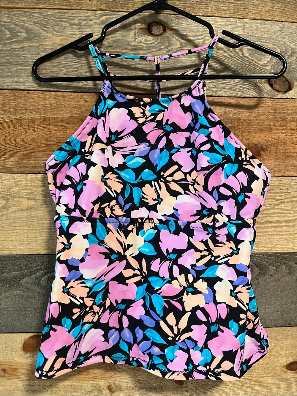 Raisins Floral High-Neck Swim Suit Top in Black Multi - Women. Size Large